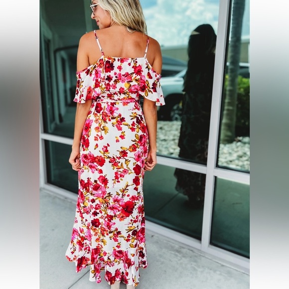 Bluivy Dreaming of Roses wrap front maxi dress pink white cold shoulder rayon - Picture 3 of 14